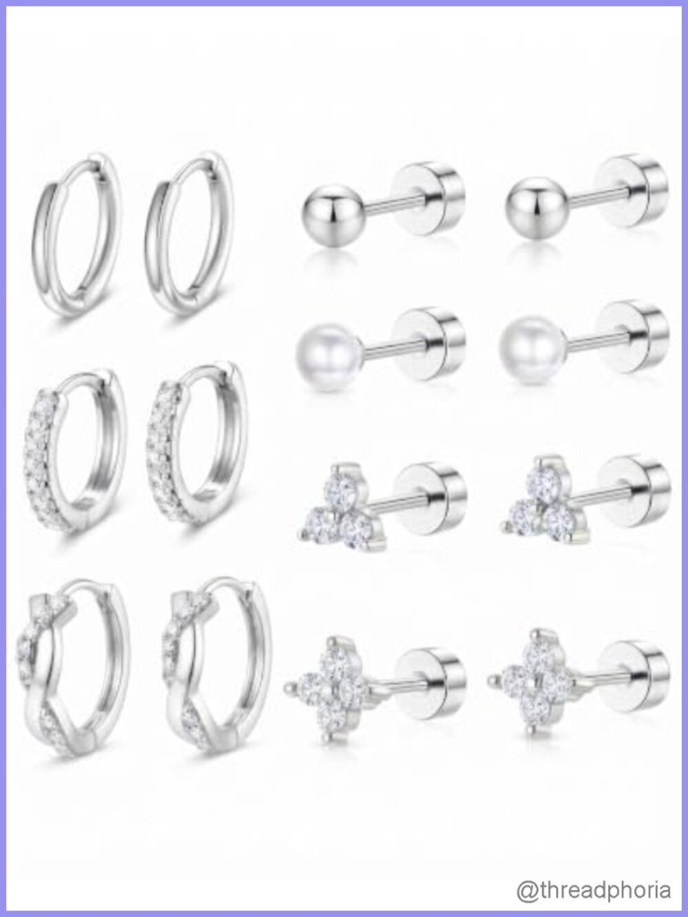 7 Pairs Hypoallergenic Surgical Steel CZ Earring Set Hoops Studs